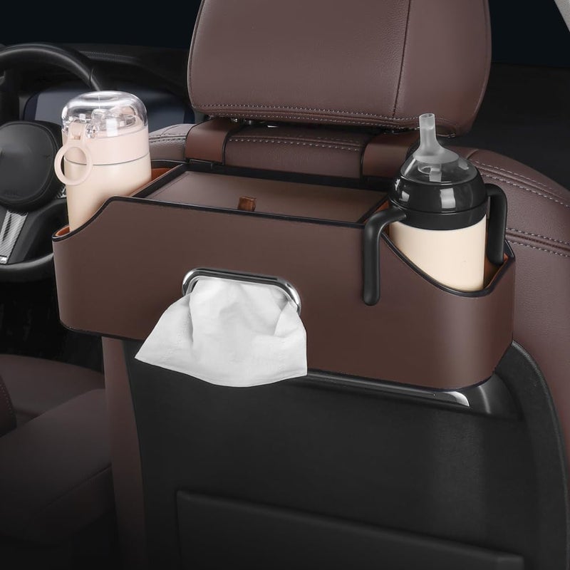 HAOTULE New car headrest Rear seat Multifunctional Storage Box  partition Design  with Cup Holder  Tissue Box  headrest Hook  Suitable for Children and Adults  car Travel Accessories(Coffee Color) - Image 1